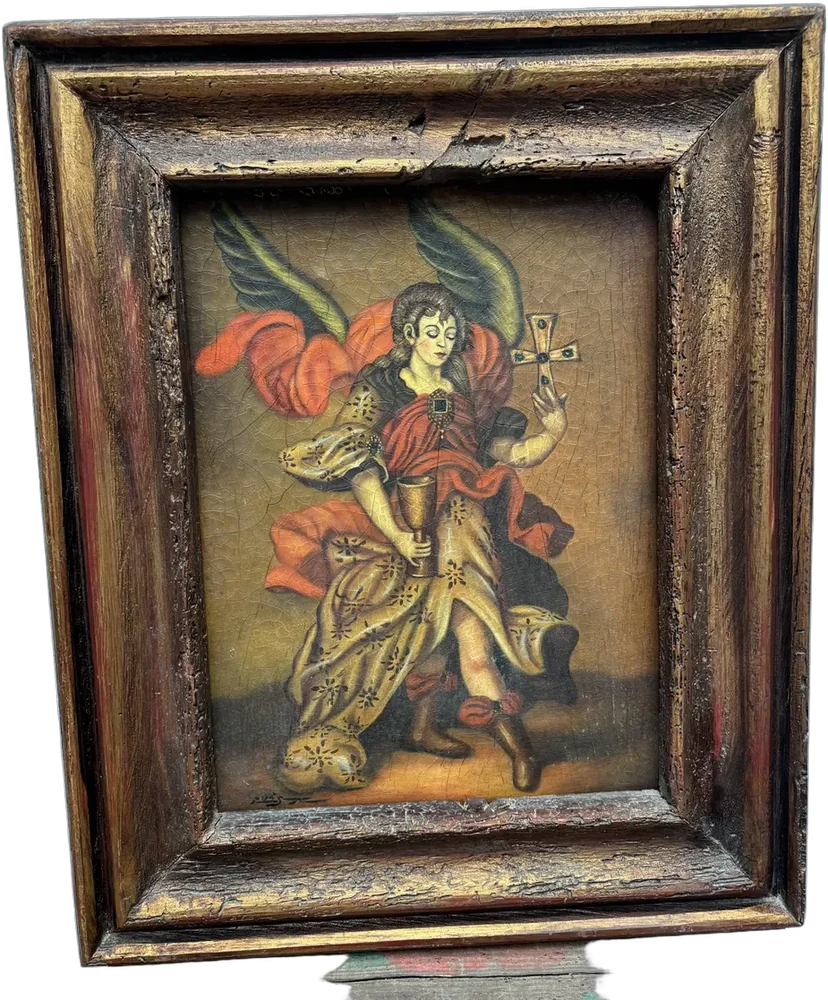 Vintage Cuadro Arcángel San Miguel Óleo Marco Madera Policromado Marrón Claro