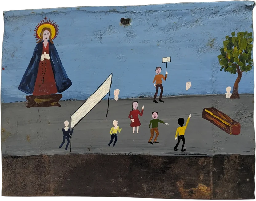 Antiguo Exvoto Mexicano Pintura Sobre Lámina Milagro Virgen