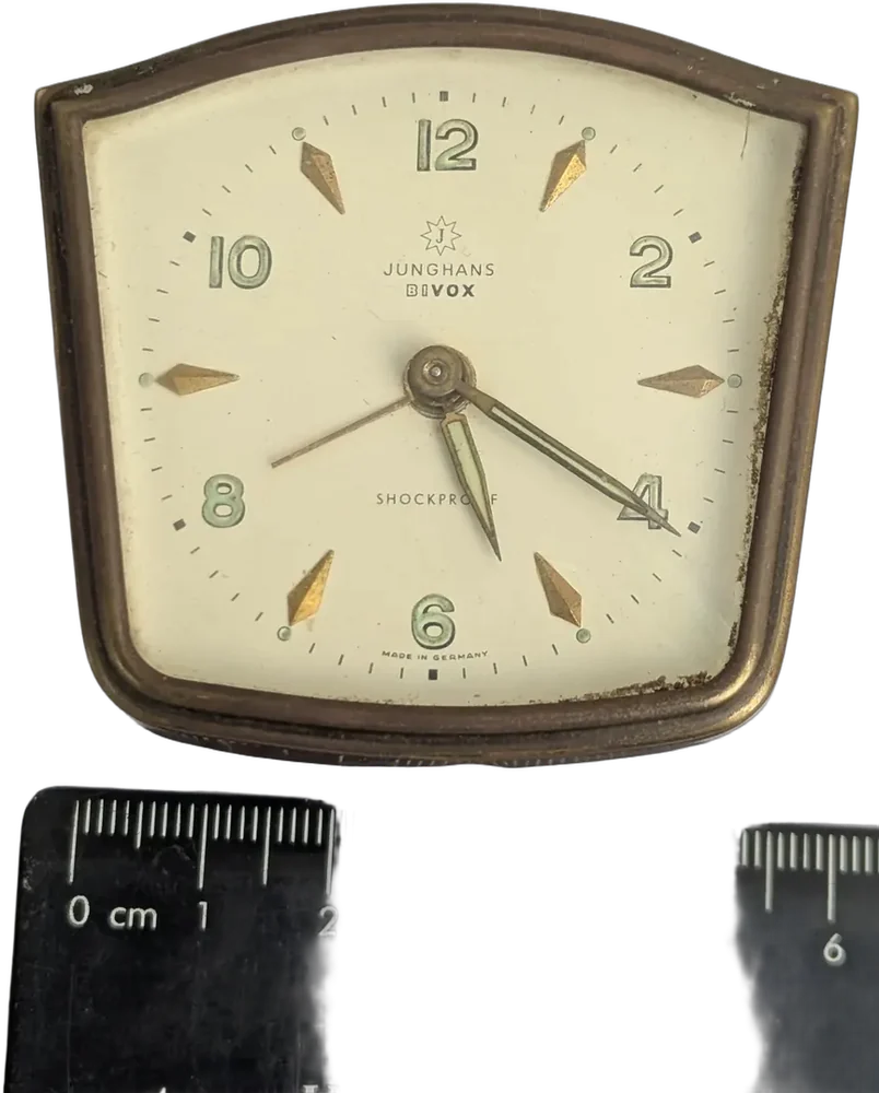 Antiguo Reloj Despertador De Viaje Junghans Bivox Shockproof Dorado