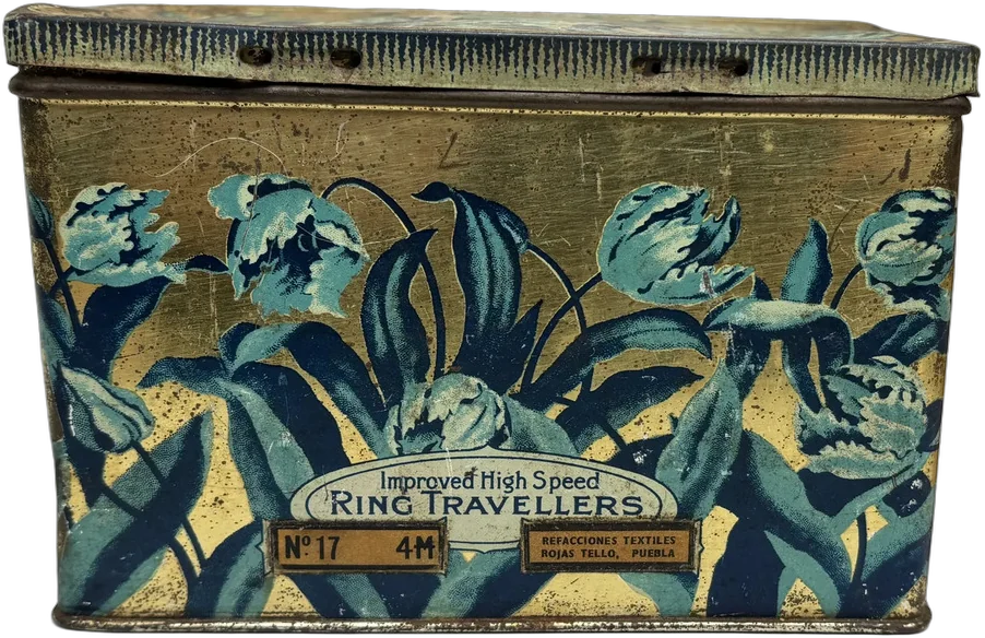 Lata Antigua Coleccionable Textiles Rojas Tello Flores Lilas