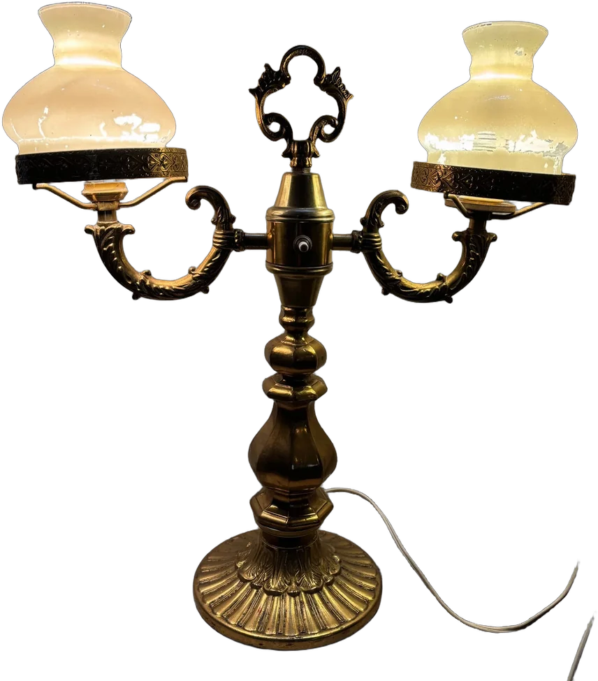 Vintage Lámpara De Mesa Dos Luces Metal Base Decorada Dorado Blanco