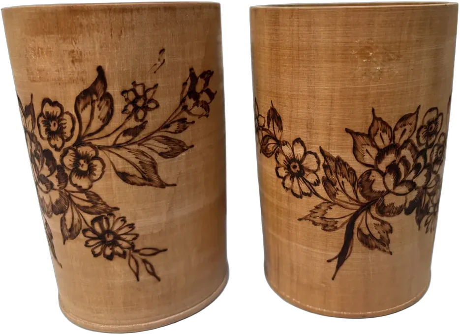 Vintage Vasos Bambú Pirograbados Marrón Claro