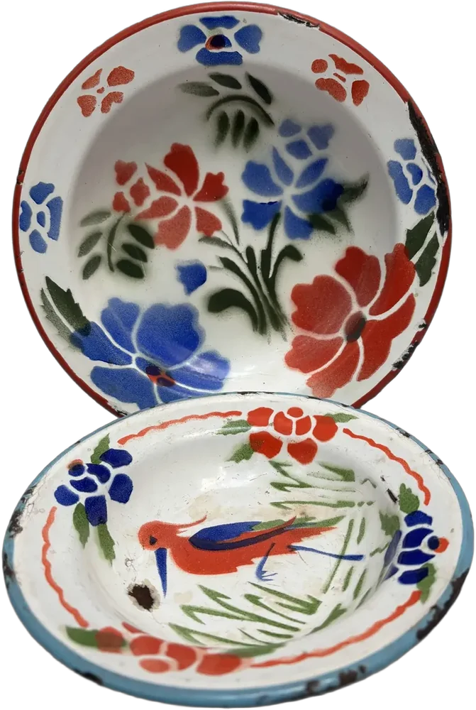 Antiguos Platos De Peltre Diseños Flores Y Grulla Multicolor Flores Y Grulla