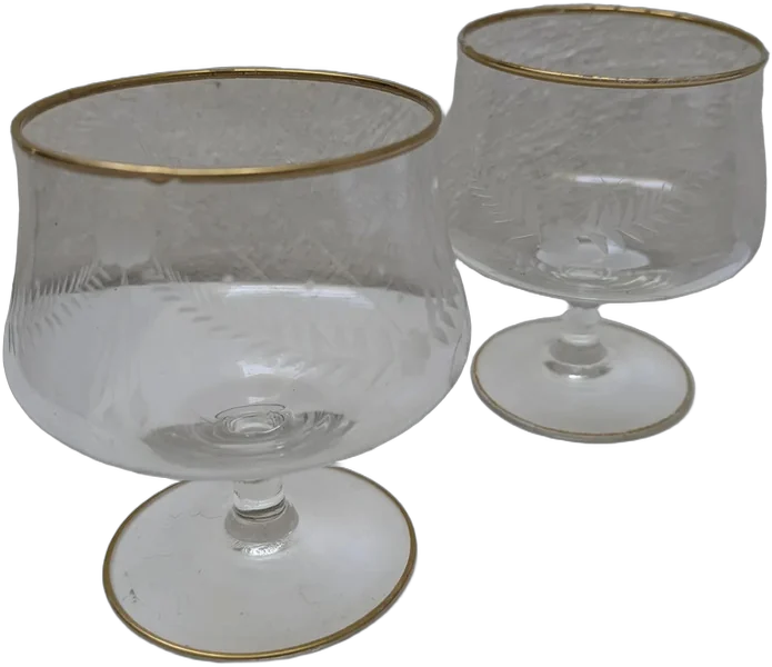 Antiguo Par De Copas Balón De Cristal Grabadas Filo Dorado Agua