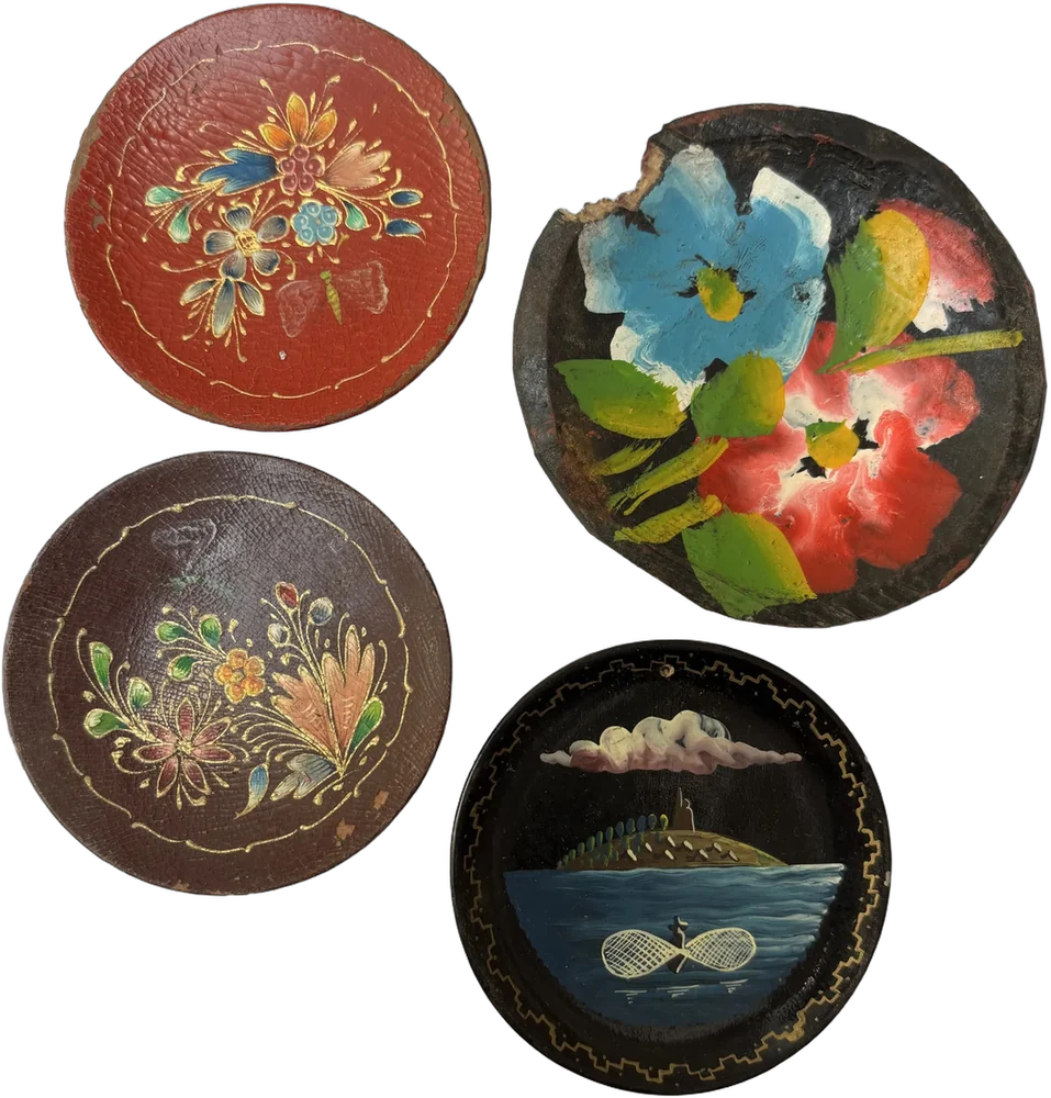 Antiguos Mini Platos Laqueados Artesanía Mexicana Multicolor Laqueado