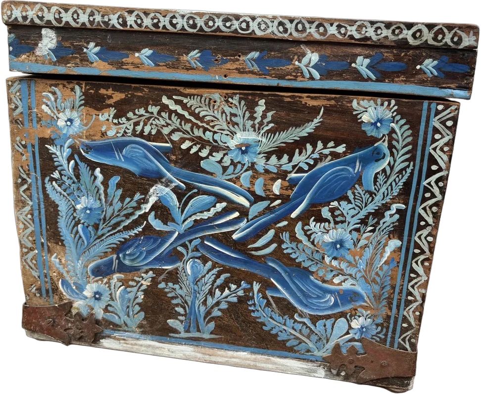 Vintage Caja Decorada Pájaros Y Flores Estilo Rústico Azul Claro Pájaros Y Flores