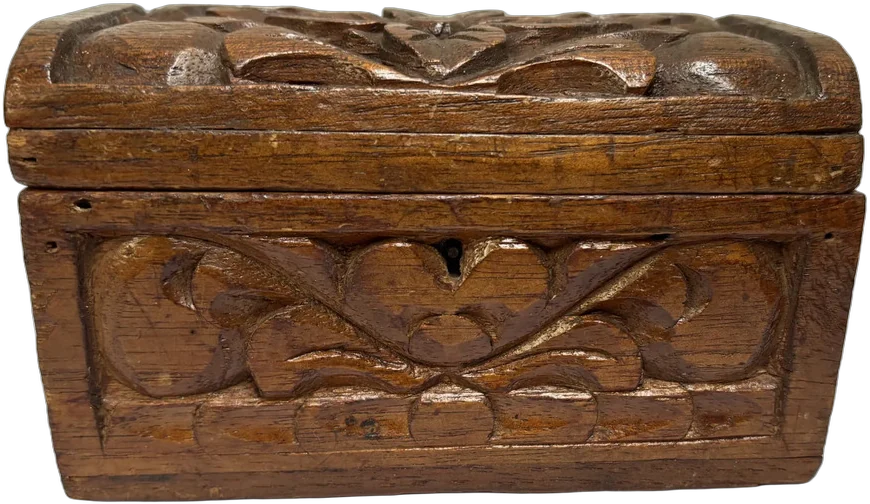 Antigua Cajita Joyero Estilo Cofre Tallado A Mano Madera Marrón