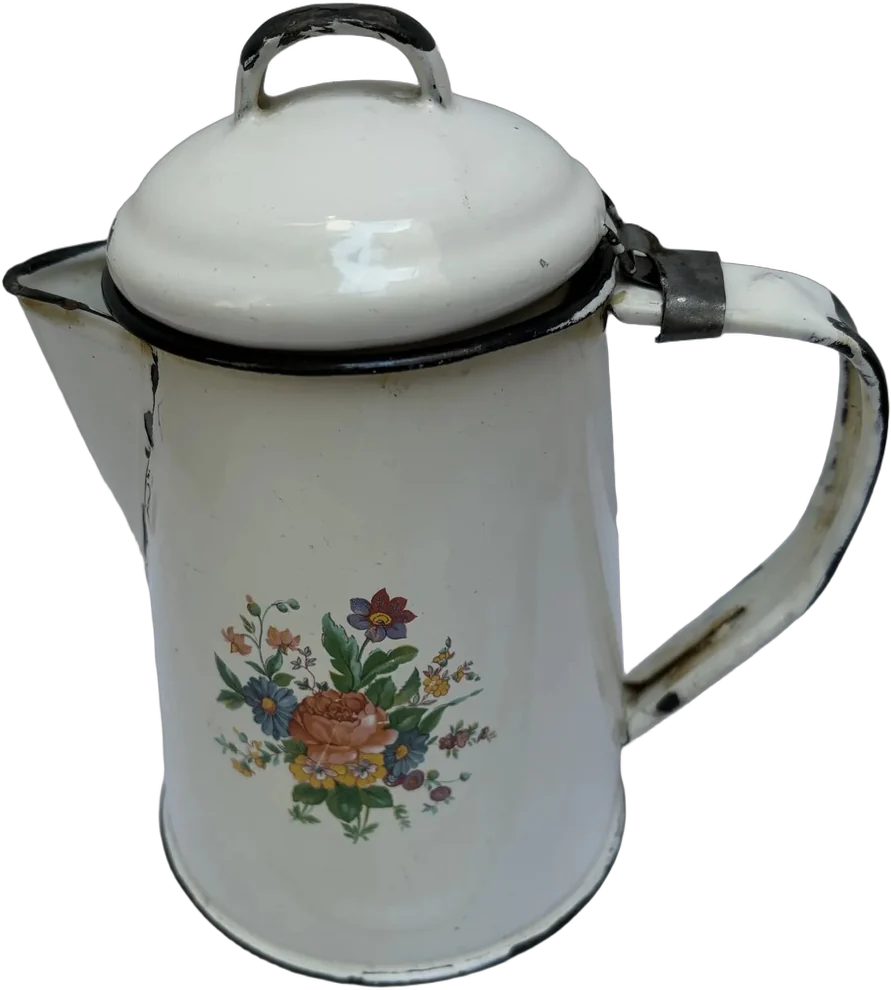 Cafetera Vintage Esmalte Blanco Floreada 18x10 Cm Blanco