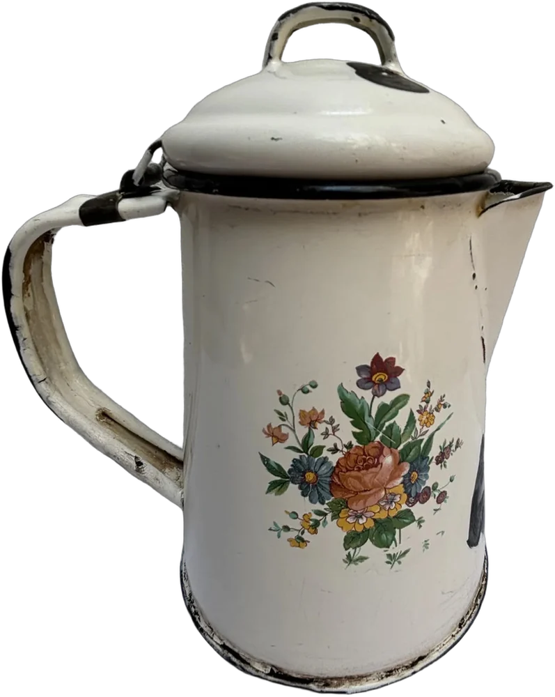 Vintage Cafetera Esmaltada Con Diseño De Flores Decorativa Blanco