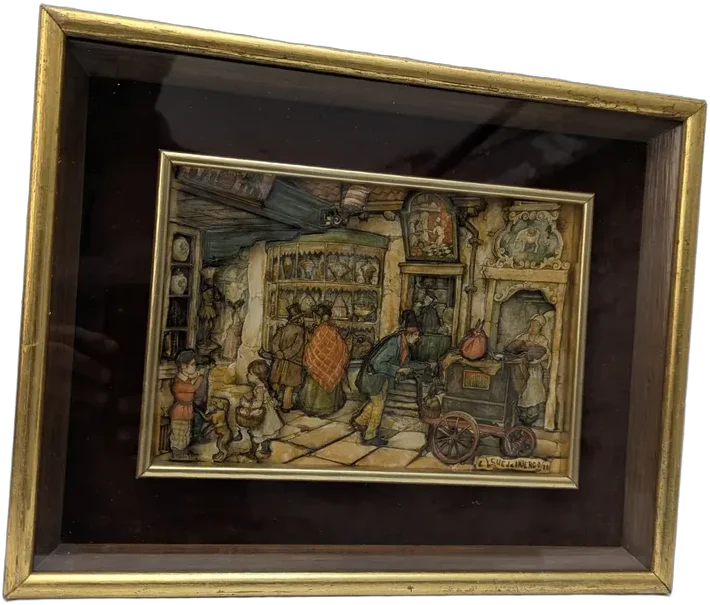 Antiguo Cuadro Relieve Anton Pieck L. Cue De Huerco 1978