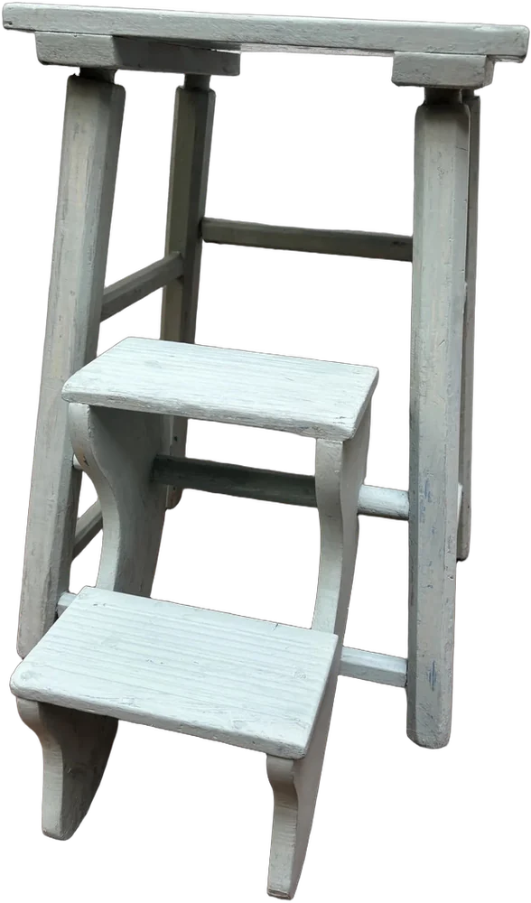 Vintage Banco Escalera Madera Sólida De Pino Usado Mate Azul Claro