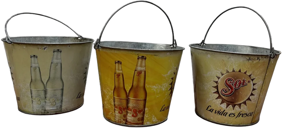 Vintage Cubeta Galvanizada Cerveza Sol Plateado