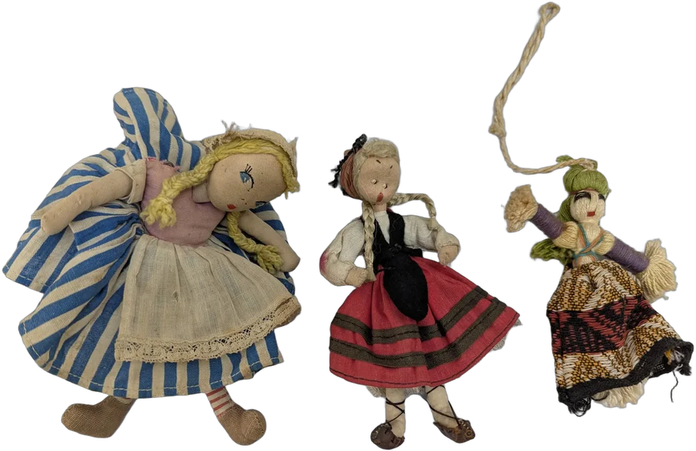 Antiguo Lote De 3 Muñecas De Tela Folkloricas Topsy-turvy