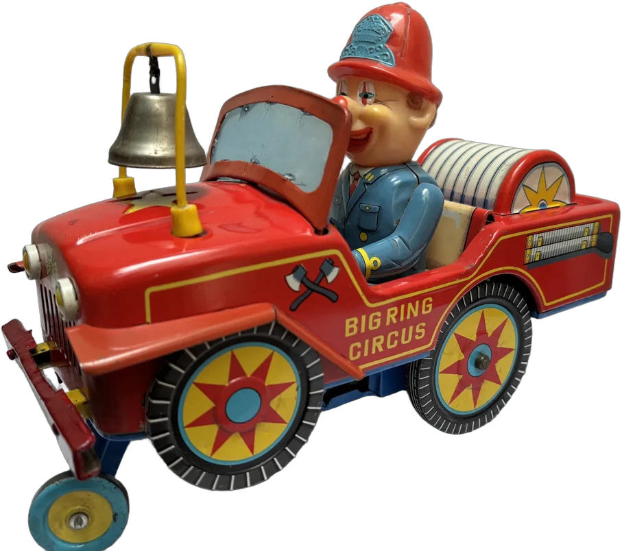 Antiguo Carrito Jeep Payaso Bombero Lámina Coleccionable Rojo