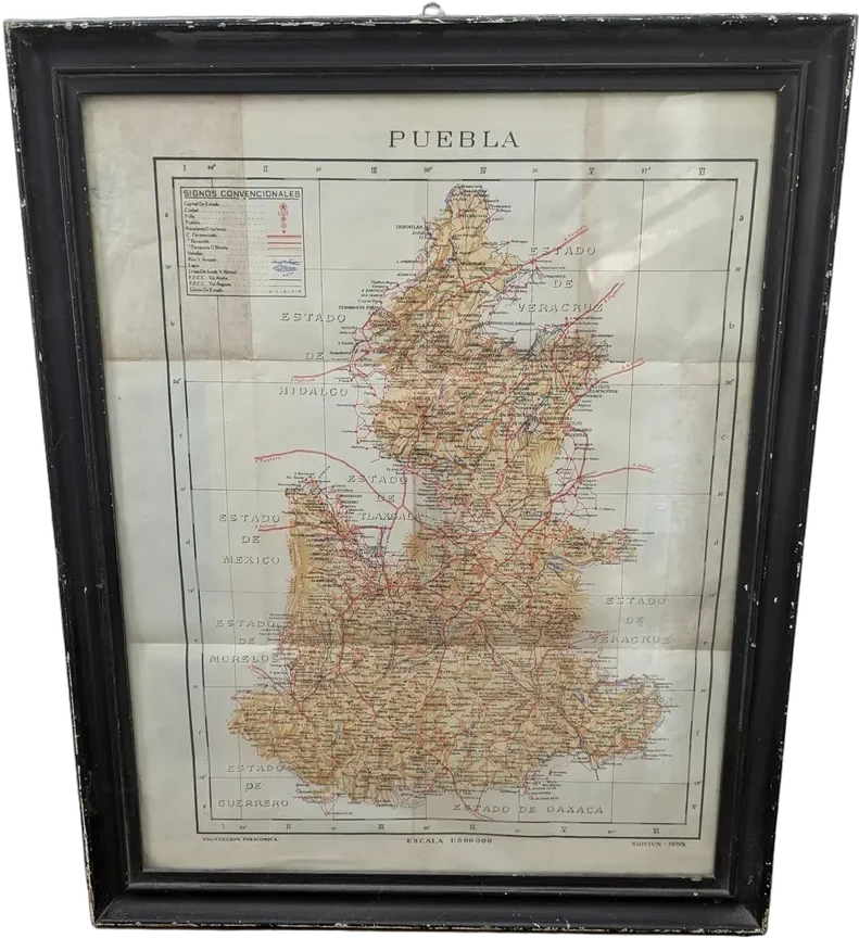 Antiguo Mapa Del Estado De Puebla Edición 1959 Enmarcado