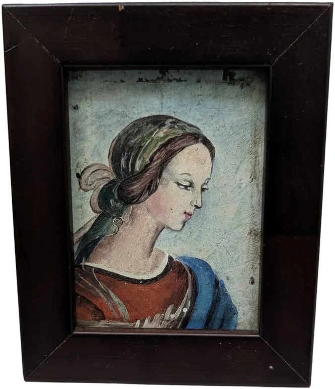 Antiguo Cuadro Miniatura Retrato De Dama Perfil Renacentista