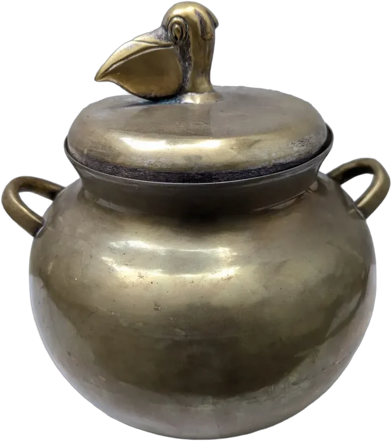 Antiguo Recipiente De Bronce Con Tapa De Pelicano Bombonera Dorado