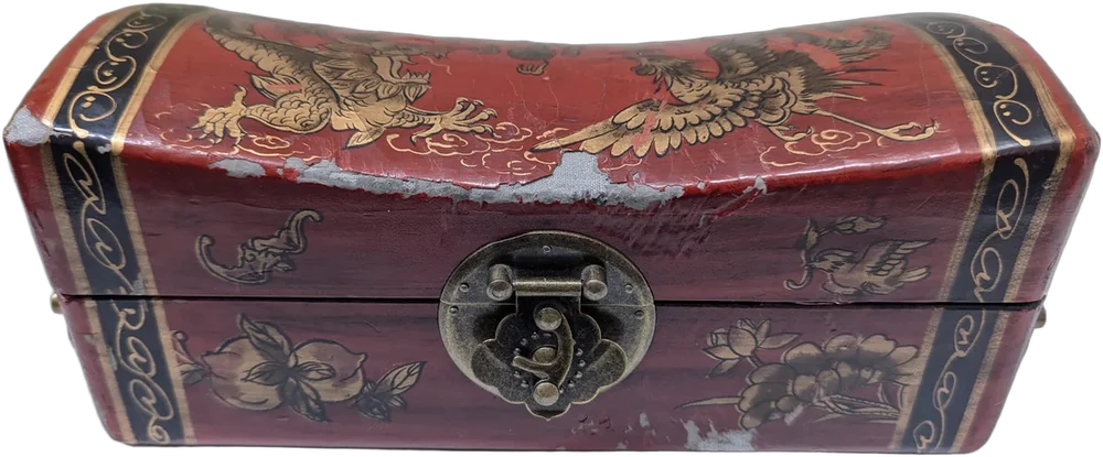 Antiguo Cofre Almohada Oriental Con Arte Shunga Madera Cuero