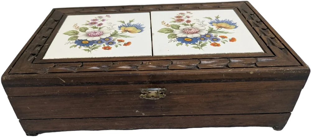 Alhajero Vintage Madera Y Ceramica Interior Terciopelo Rojo Marrón