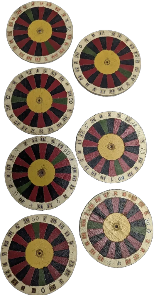 Antiguo Juego De Portavasos Vintage Ruleta Madera Pintada Ruleta Amarillo, Rojo, Negro Y Verde