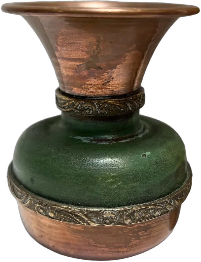 Antiguo Florero De Cobre Y Esmalte Verde Pequeño 9cm Cobre Antiguo