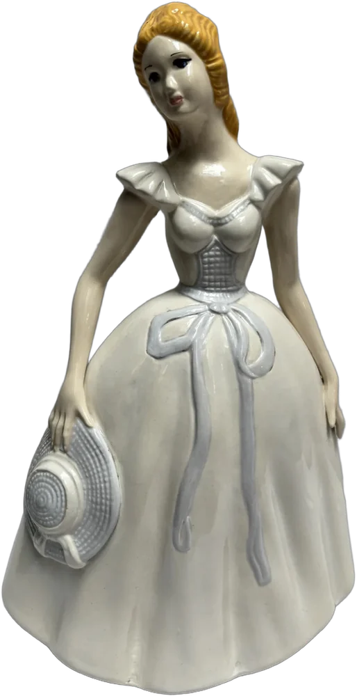 Vintage Figura De Porcelana Mujer Elegante Sombrero En Mano Beige