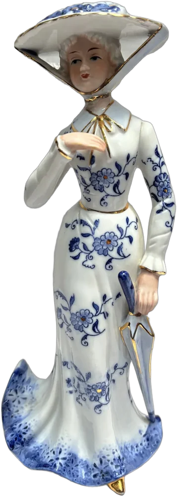 Vintage Figura De Dama Victoria Con Vestido Estampado Blanco Y Azul