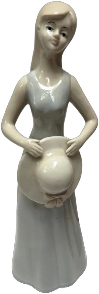 Vintage Figura De Porcelana Esmaltada Niña Con Sombrero Azul Claro
