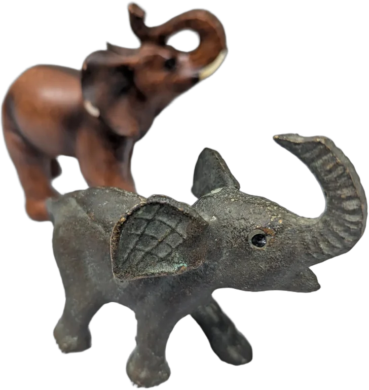 Antiguo Par Elefantes Miniatura Bronce Patinado Madera Talla Bronce Patinado